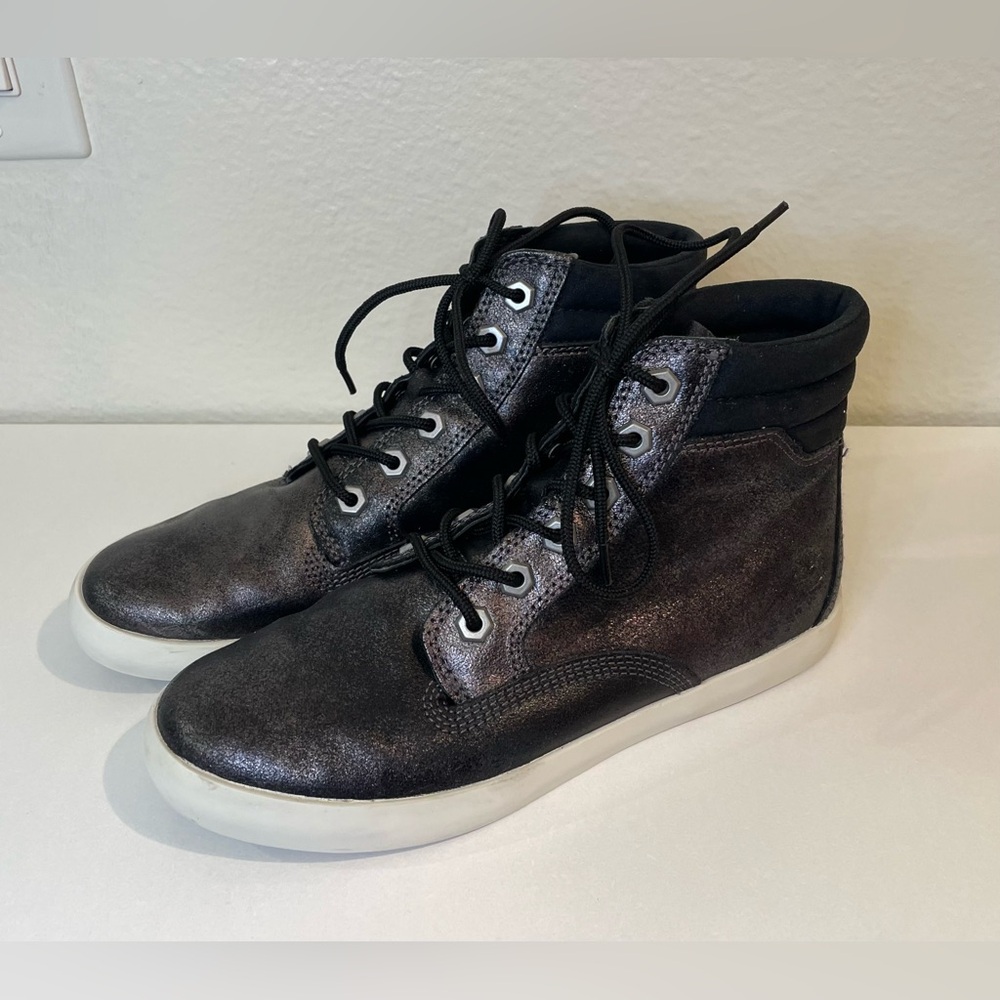 Timberland Women’s Dausette Black Silver Leather Casual Sneakers Boots Size 7